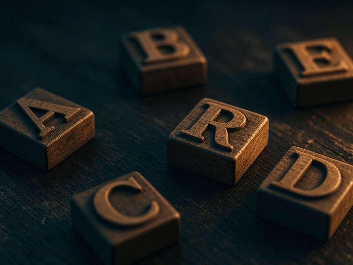 Twenty-two cream paper letter shapes laid out on a honey-gold wooden table in soft light.