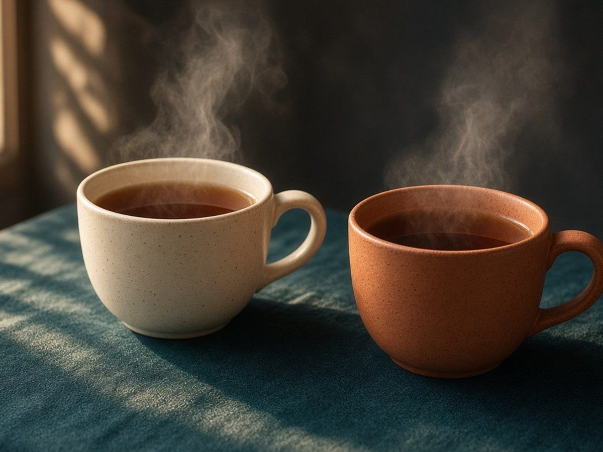 Two cups of tea, cream and terracotta, on a deep blue cloth in soft morning light.
