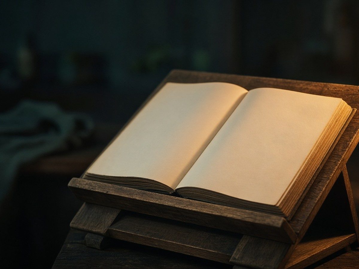 A single open book on a wooden lectern, its pages catching early honey-gold light.