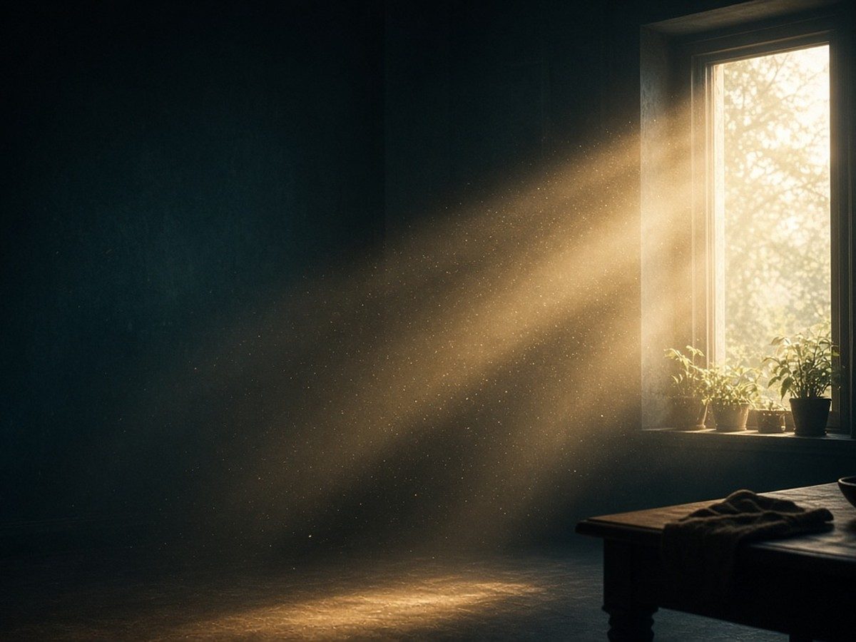 Honey-gold light flowing into a deep blue room through an open window with a terracotta sill.