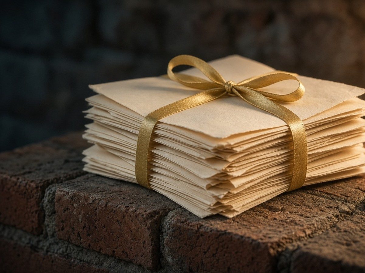 A small stack of cream pages tied with a honey-gold ribbon beside a deep blue fountain pen.