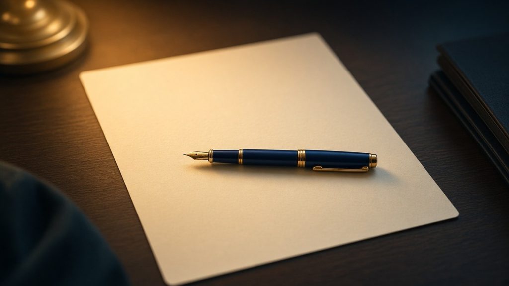 A dark blue and gold fountain pen resting on a blank cream sheet of paper on a dark wooden desk, lit by warm lamplight