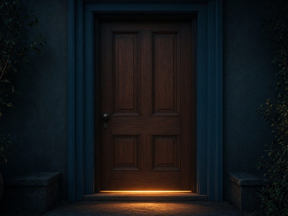 A closed wooden front door in soft evening light, a warm glow at the threshold and cool teal shadows around it