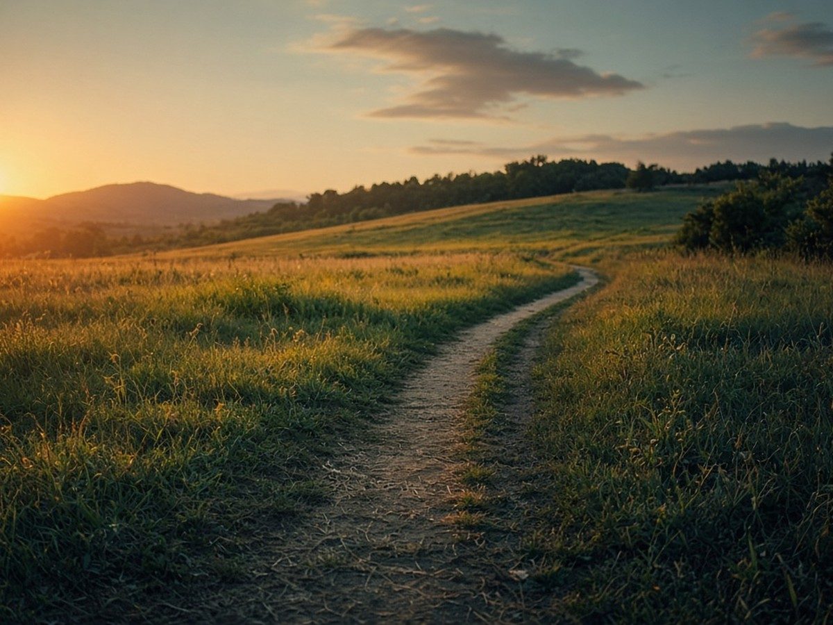 A worn footpath across a green field, curving the same way it always has, warm low light and teal shadow