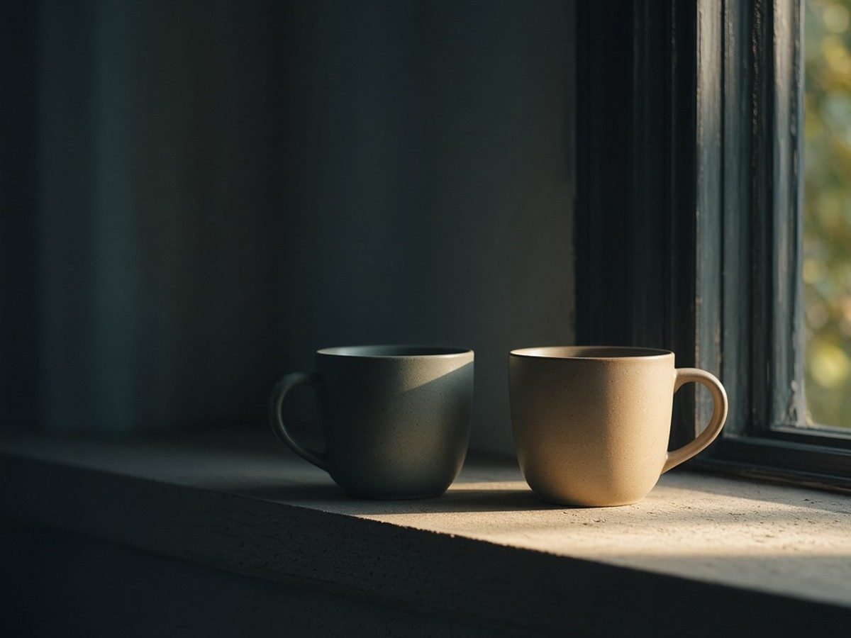 Two empty mugs on a windowsill, one turned away from the other, warm gold light falling across them