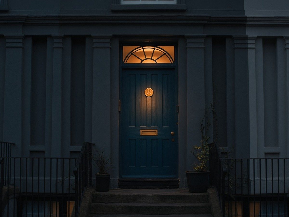 A row of terraced house doors at dusk, one brass number catching warm orange light