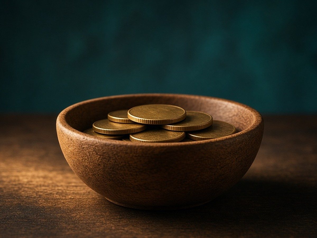 A few coins resting on an open palm-sized wooden bowl on a table, warm side light, deep teal background