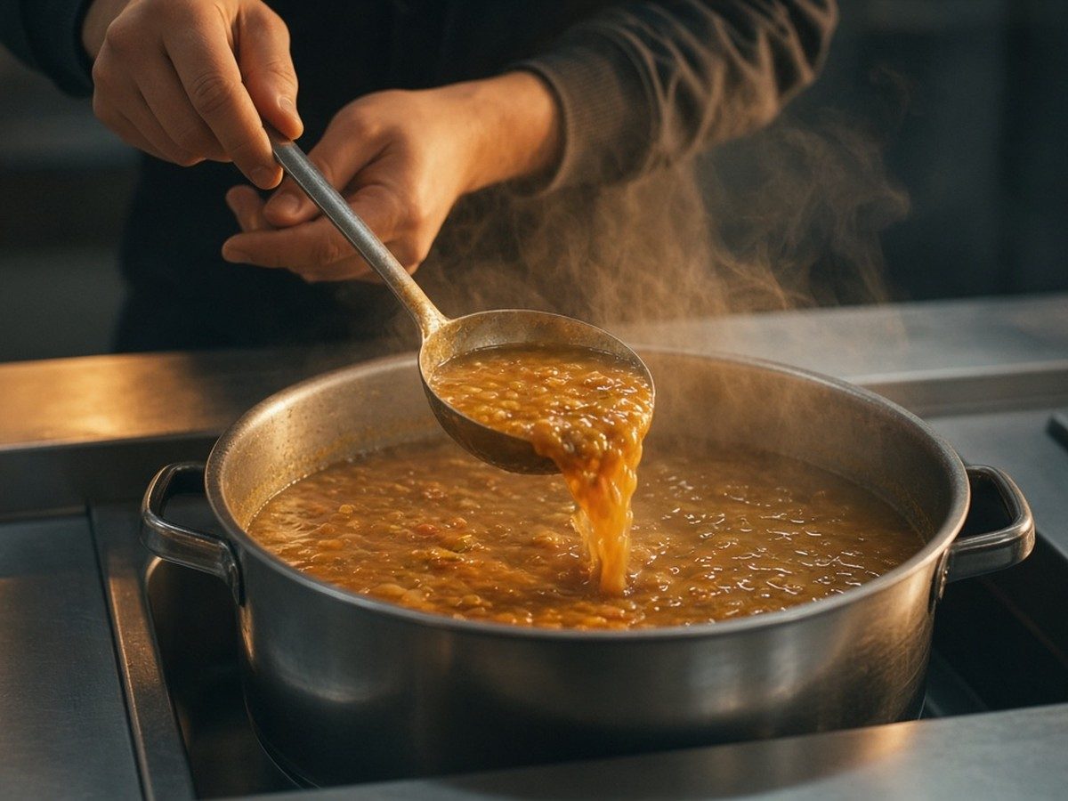 Hands ladling soup into bowls on a long steel counter, steam rising in warm light, faces out of frame