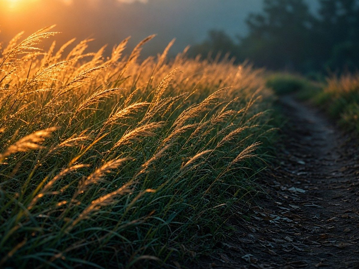 Tall grass bending in the wind beside a quiet path, warm low sun and deep teal shade