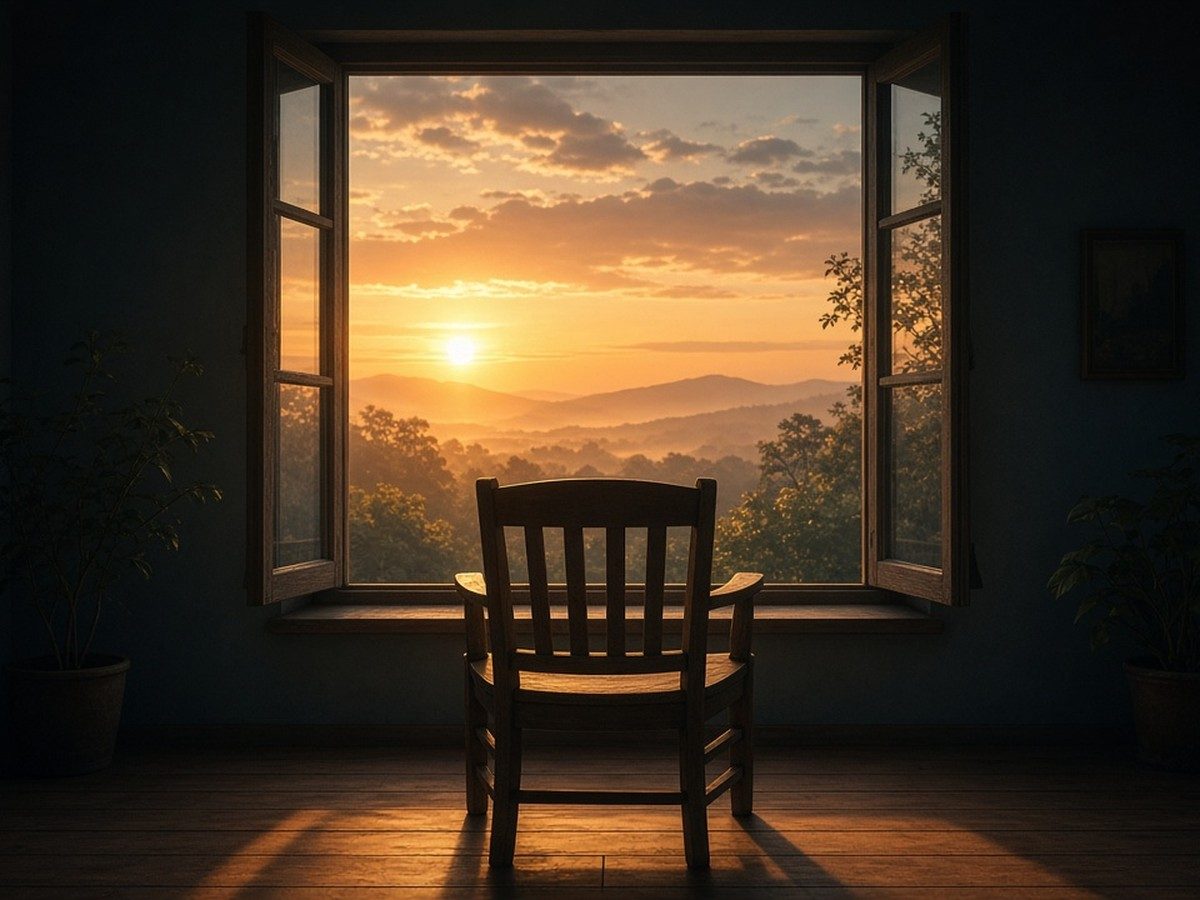 An open window at sunrise, a simple wooden chair facing out, warm gold light spilling into a teal-shadowed room