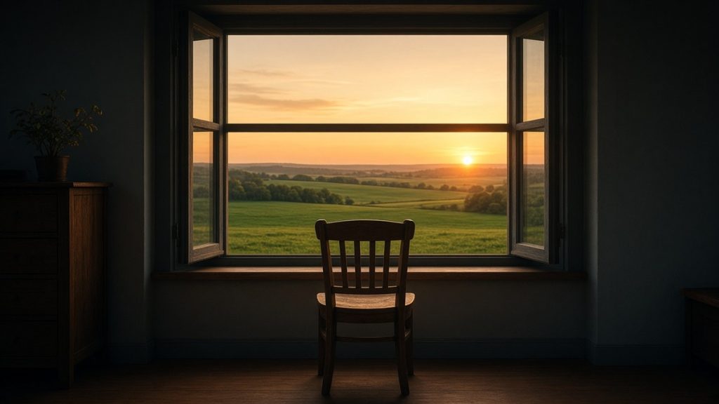 An empty wooden chair before an open window at sunset, warm gold light over green fields in a teal-shadowed room