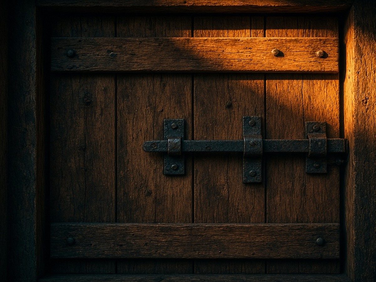An old wooden door with a heavy iron bolt pulled shut, in low evening light.