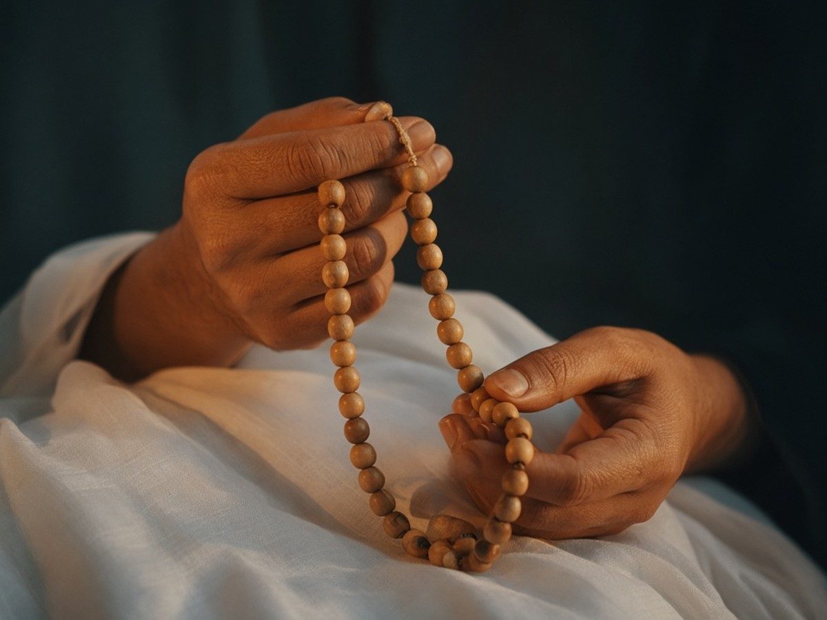 Hands holding Buddhist prayer beads during morning chanting.