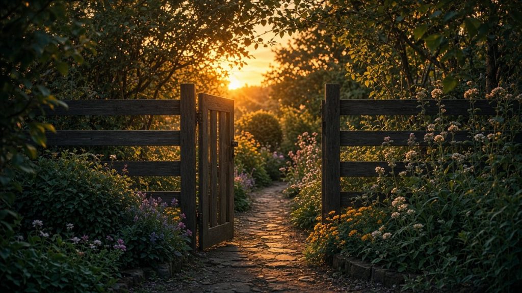 An open garden gate in a fence at golden hour, warm gold light and teal shadows