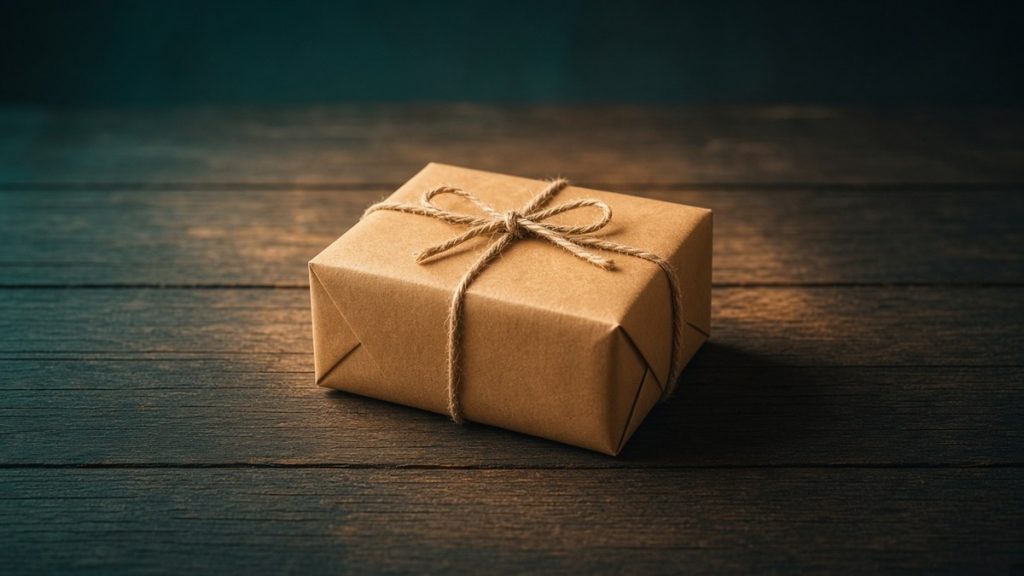 A small parcel wrapped in brown kraft paper and tied with a twine bow, sitting on dark wooden planks in soft warm light