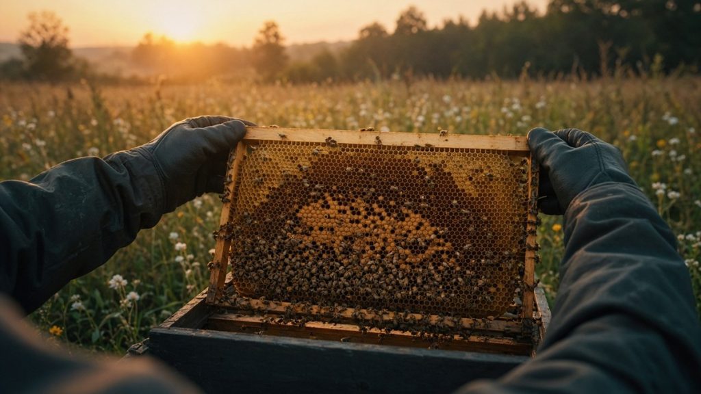 Gloved hands lifting a honeycomb frame covered in bees from a hive in a wildflower meadow at sunset