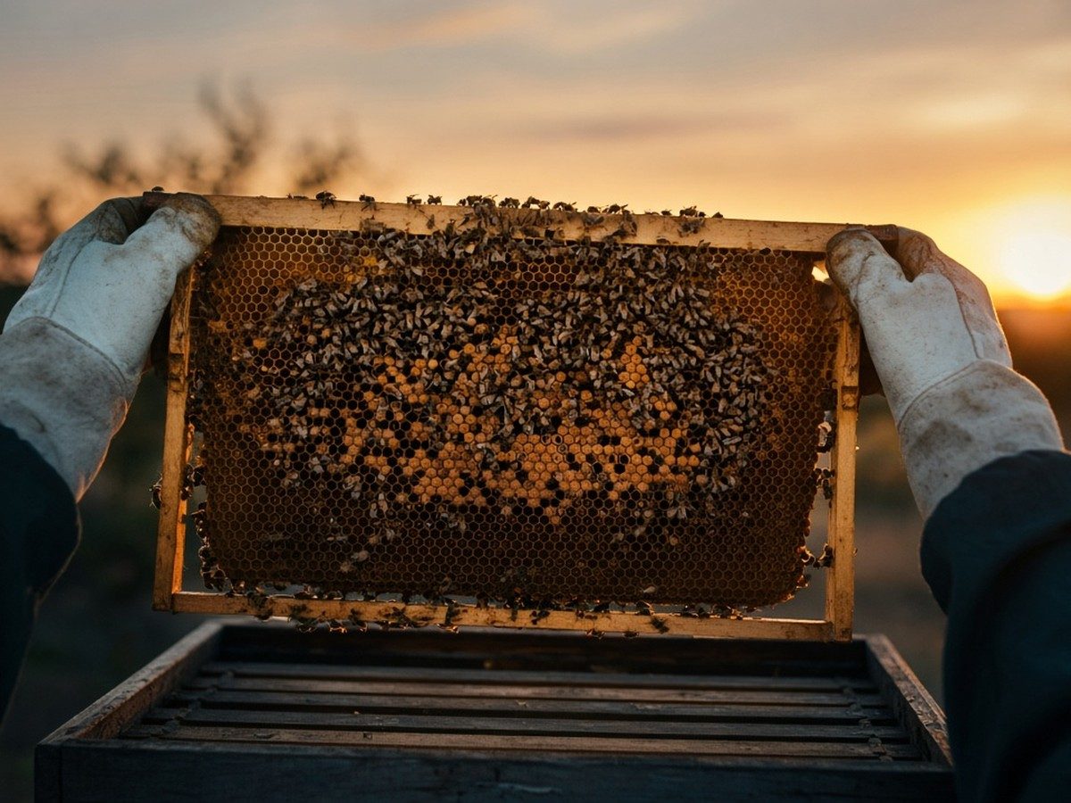 Gloved hands lifting a frame of bees from a wooden hive in morning light.
