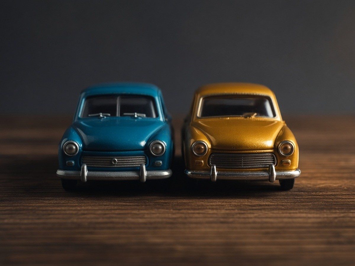 Two small toy cars facing each other on a worn carpet, one shiny and new, one scuffed and chipped.