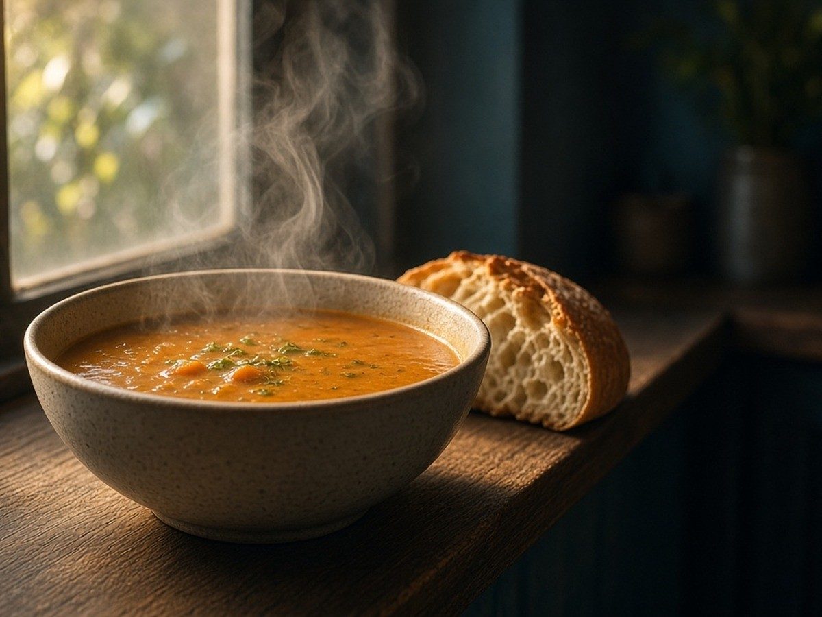 A plain bowl of soup and a slice of bread on a bare table, steam rising in soft winter light.