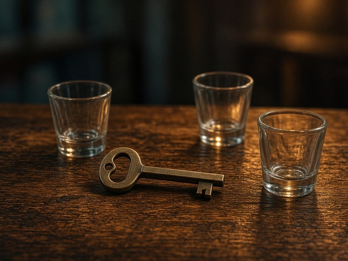 A single house key on a bare wooden table under a warm lamp, empty glasses blurred in the background.