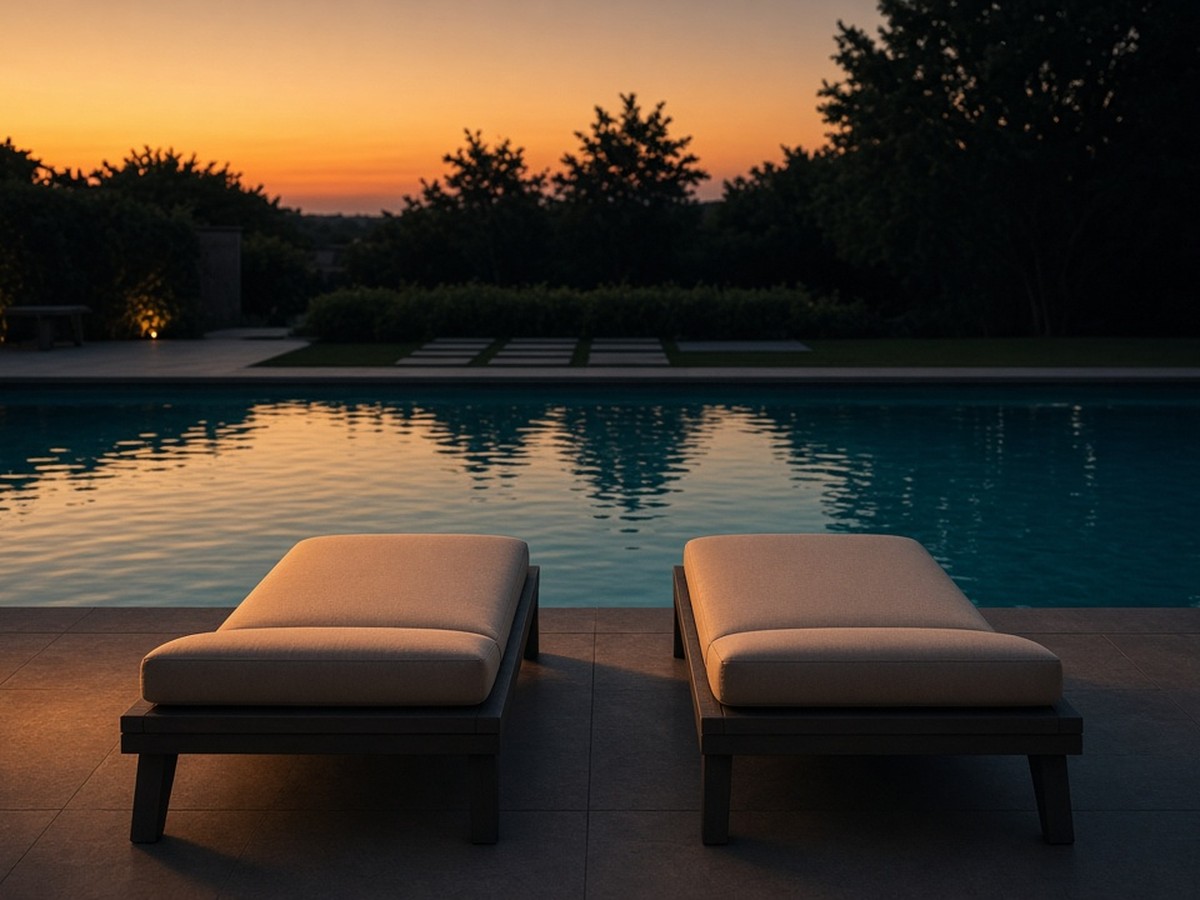 A row of sun loungers by an empty pool at golden hour, warm orange light and deep teal shade