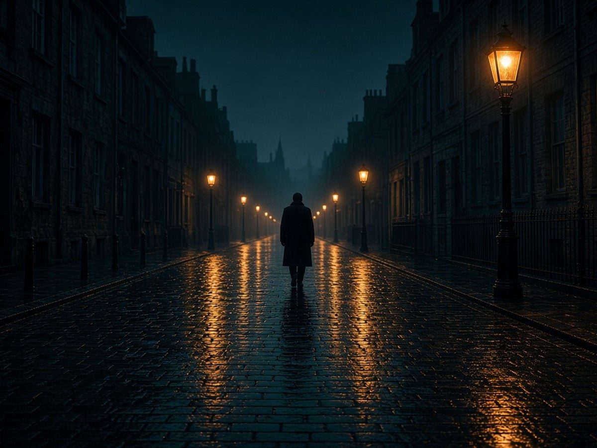 A man walking quickly away down a dark street at night, looking back over his shoulder