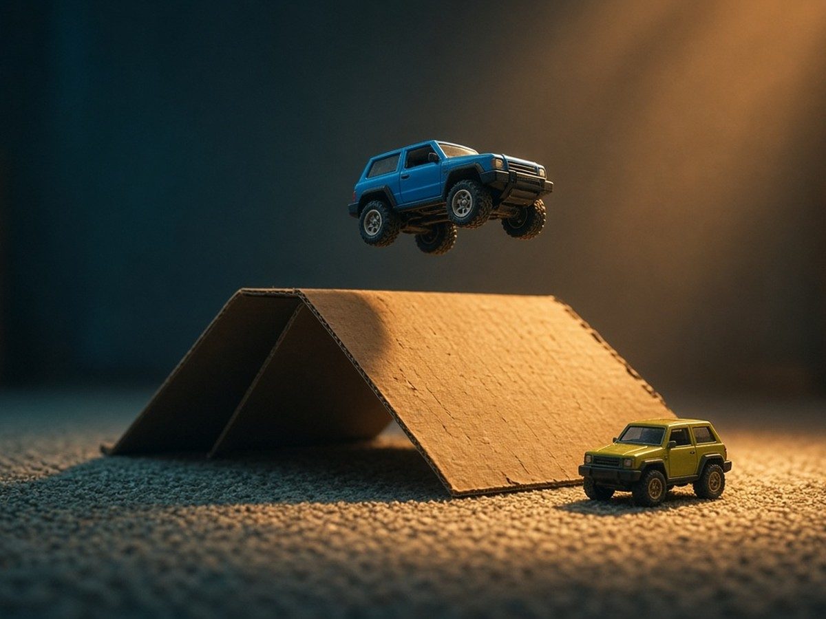 A toy car mid-air off the edge of a homemade cardboard ramp, a second car waiting at the bottom.