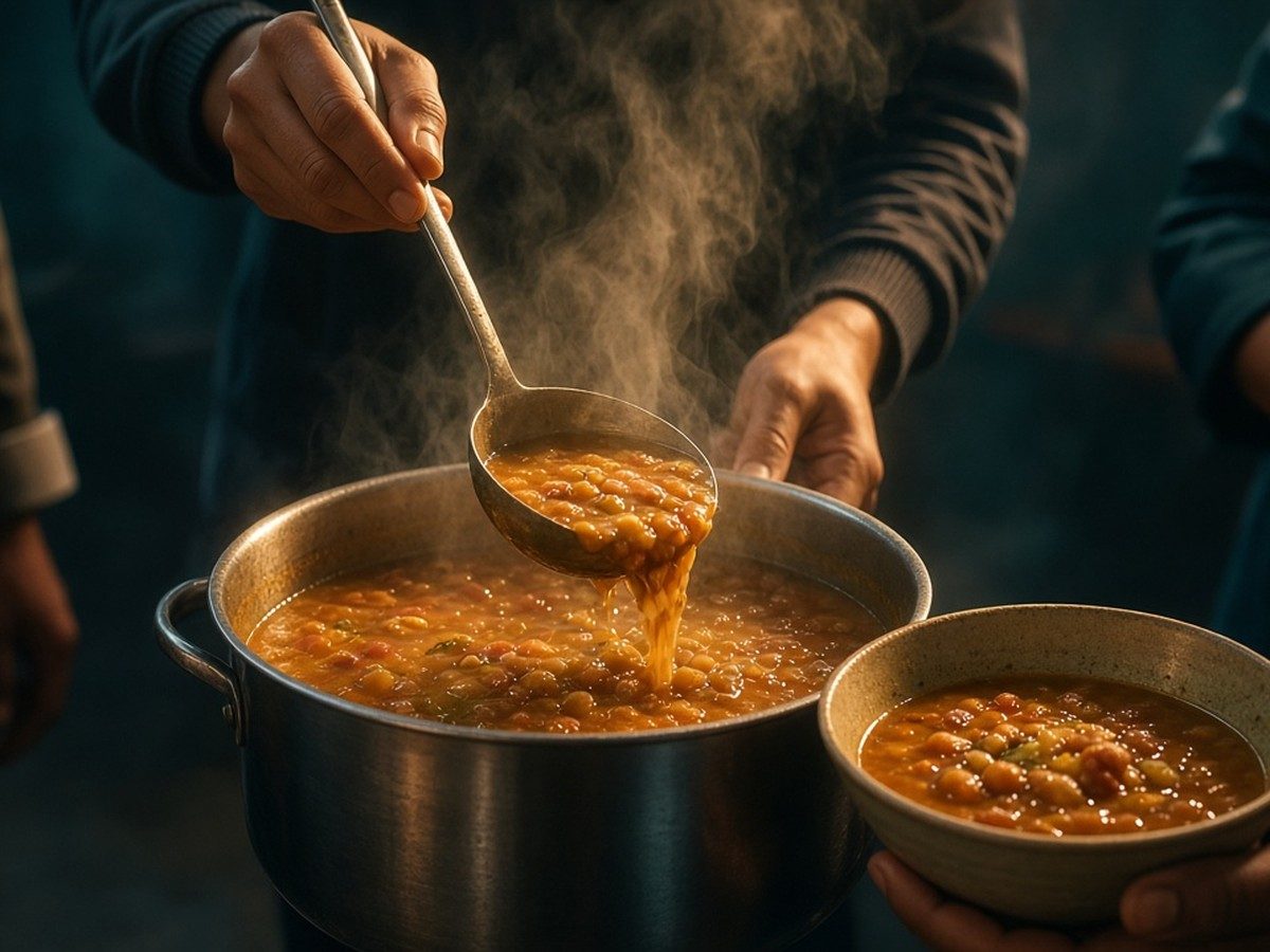 Hands ladling soup from a large pot into a white bowl, faces out of frame.