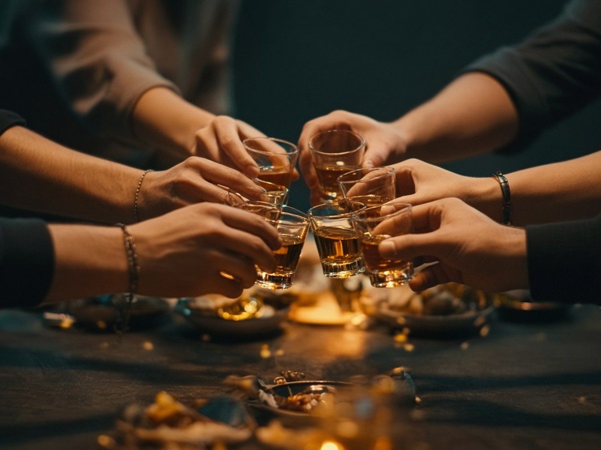 A crowded table seen from above, glasses and bottles, hands only, no faces.