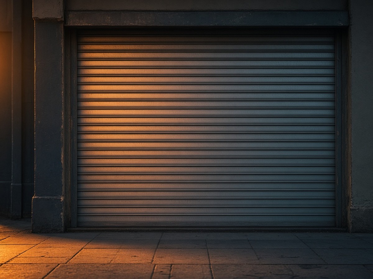 A closed shop shutter on a quiet street at dawn, soft gold light on the metal and teal shadows