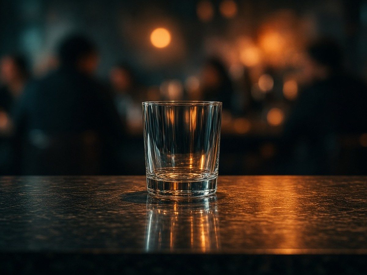 An empty pint glass and a crowded, blurry pub table seen through low light
