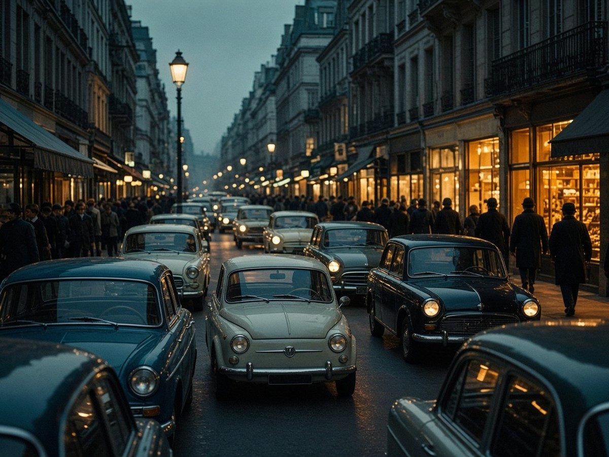 A busy 1960s city street at dusk, traffic jammed and shoppers crowding the pavements, in soft faded colour.