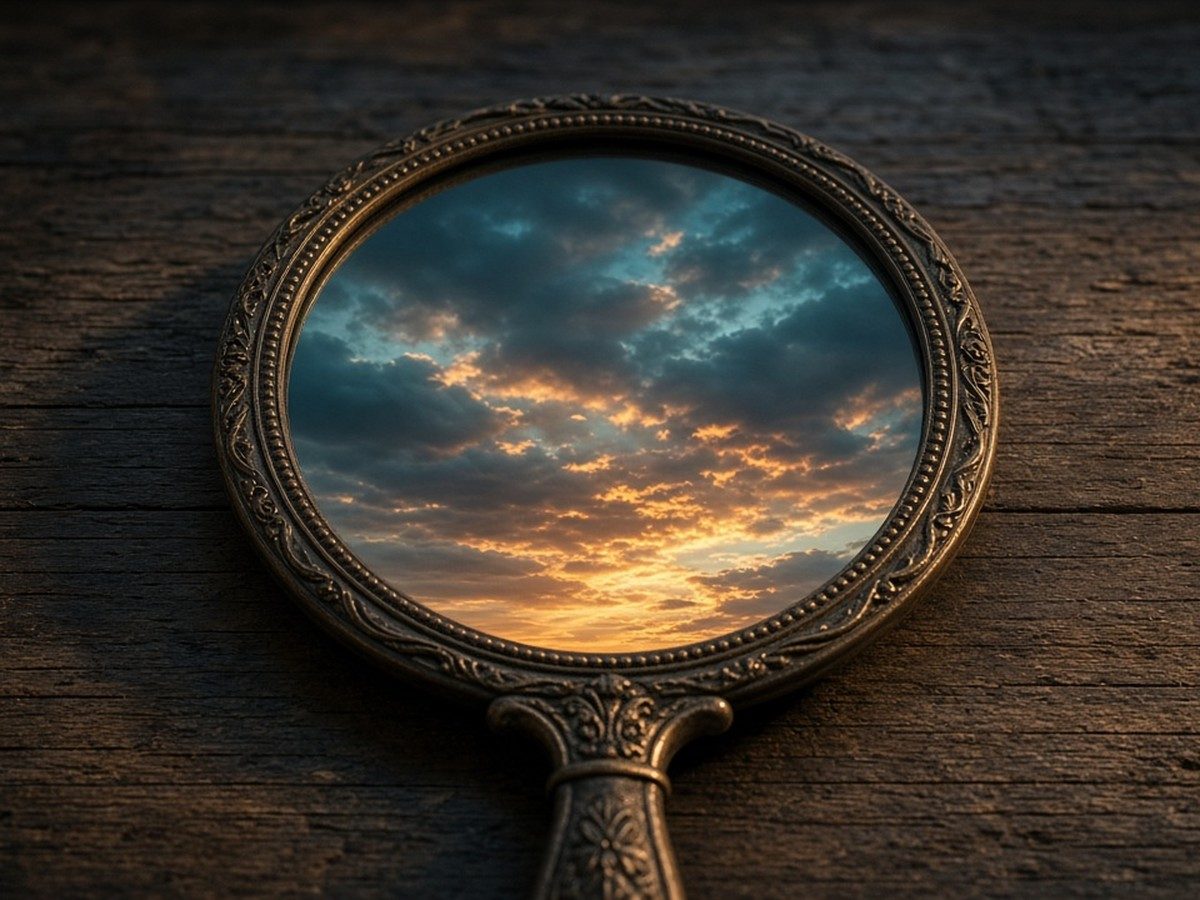 A small hand mirror lying on a wooden table, reflecting a window and pale sky.