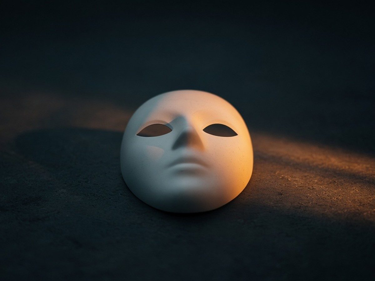 A theatre mask lying face down on a dark floor, a thin line of light from a door.