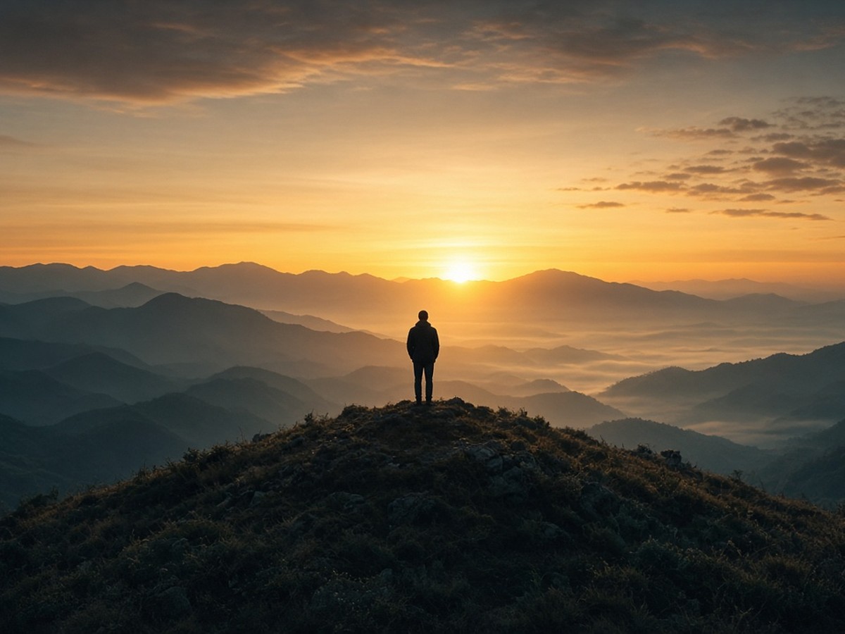 A lone figure seen from behind on a hilltop at sunrise, arms at their sides, warm gold sky and teal valley