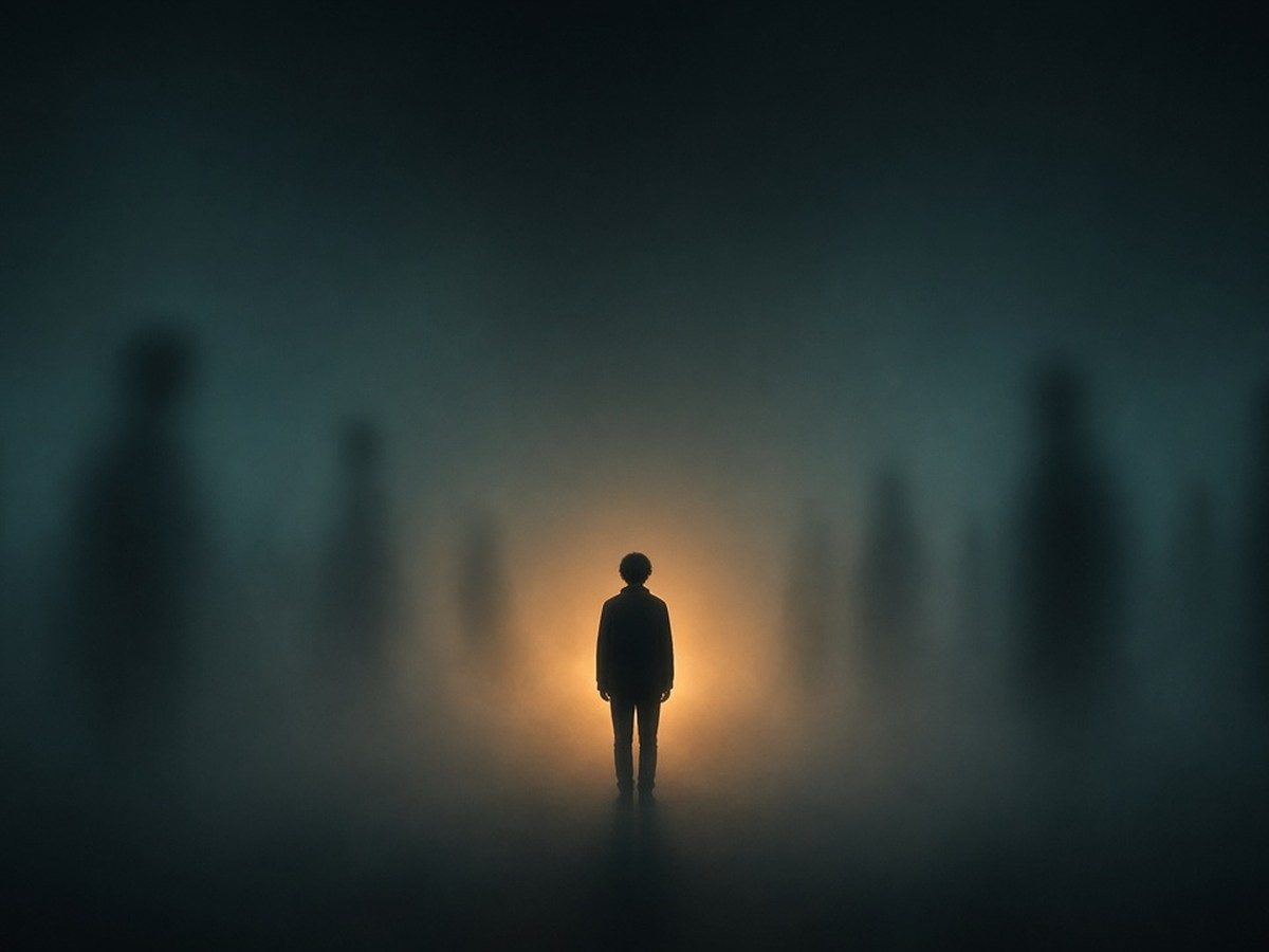 Several shadowy figures with different faces standing in a circle around one man