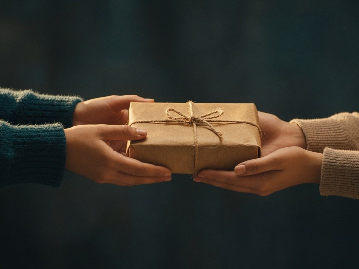 Two open hands passing a small plain parcel tied with string, no faces, warm light.