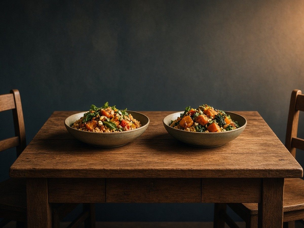 Two empty soup bowls and spoons on a long table after a meal, chairs pushed back.