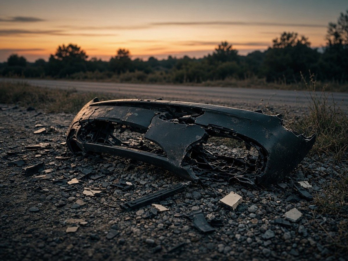 A dented car bumper at the roadside on a grey morning, no people, no number plate.