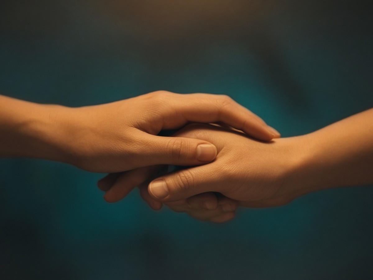 Two hands, one reaching down and one reaching up, meeting in warm light against a dark teal background, no faces