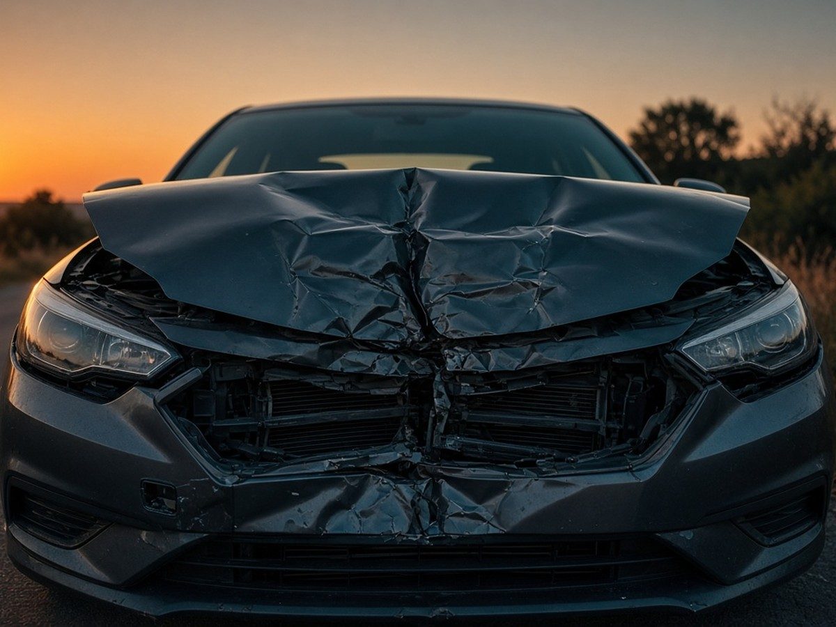 A dented car bumper on a wet roadside at dusk