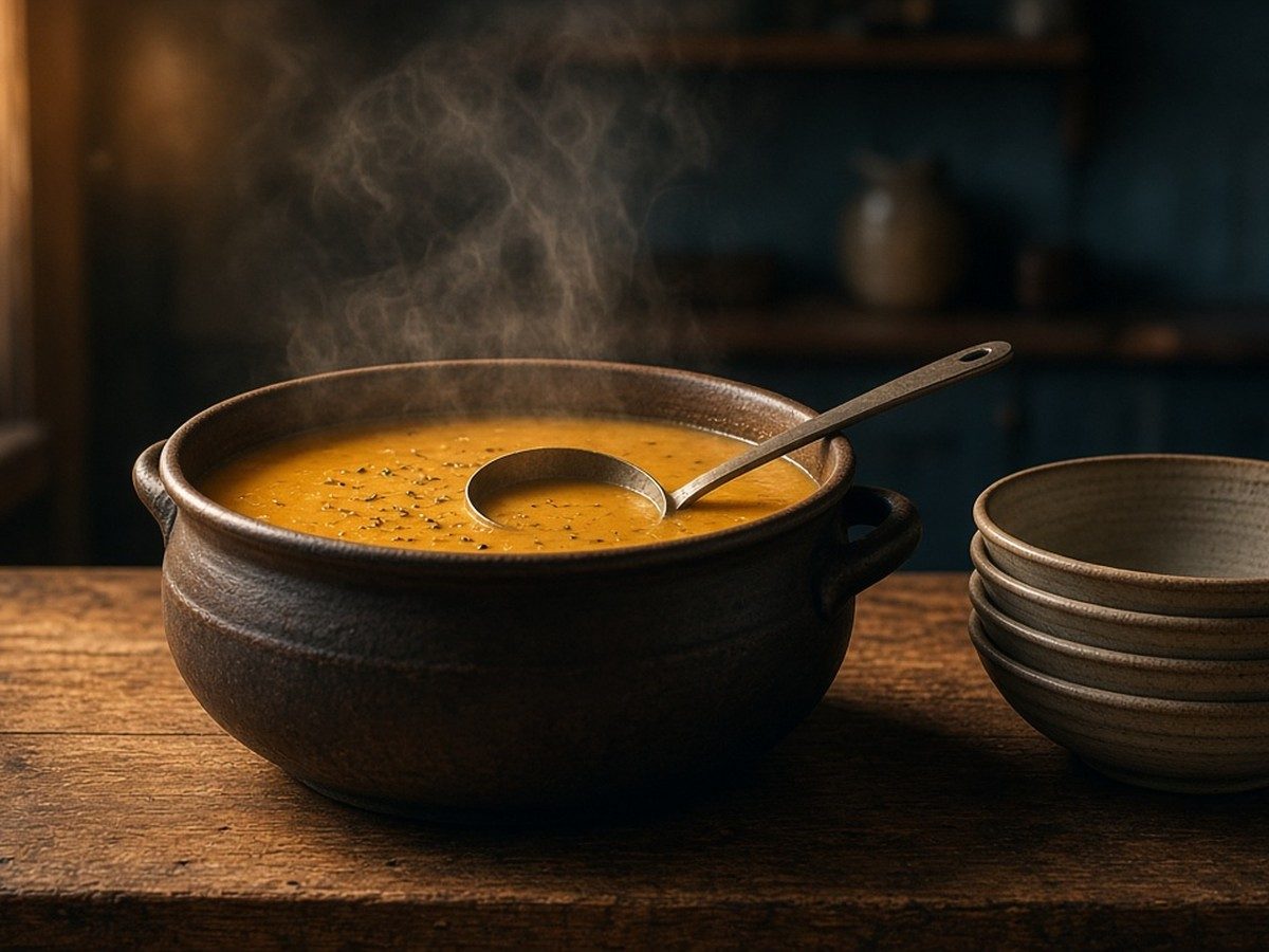 A ladle resting on a big steel pot of soup beside a stack of bowls in a community kitchen.