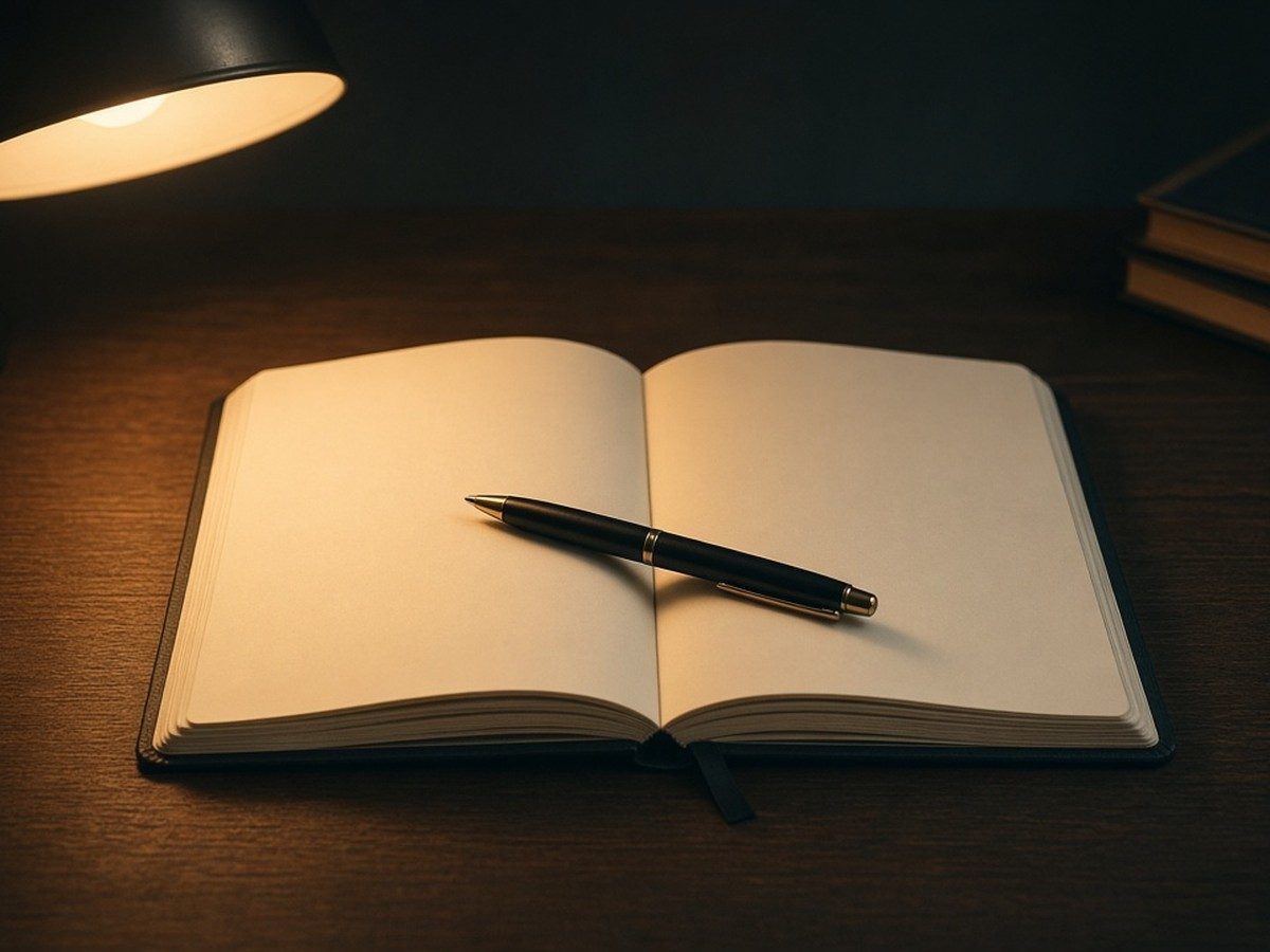 A notebook open on a table with crossed-out plans and a pencil resting across the page.