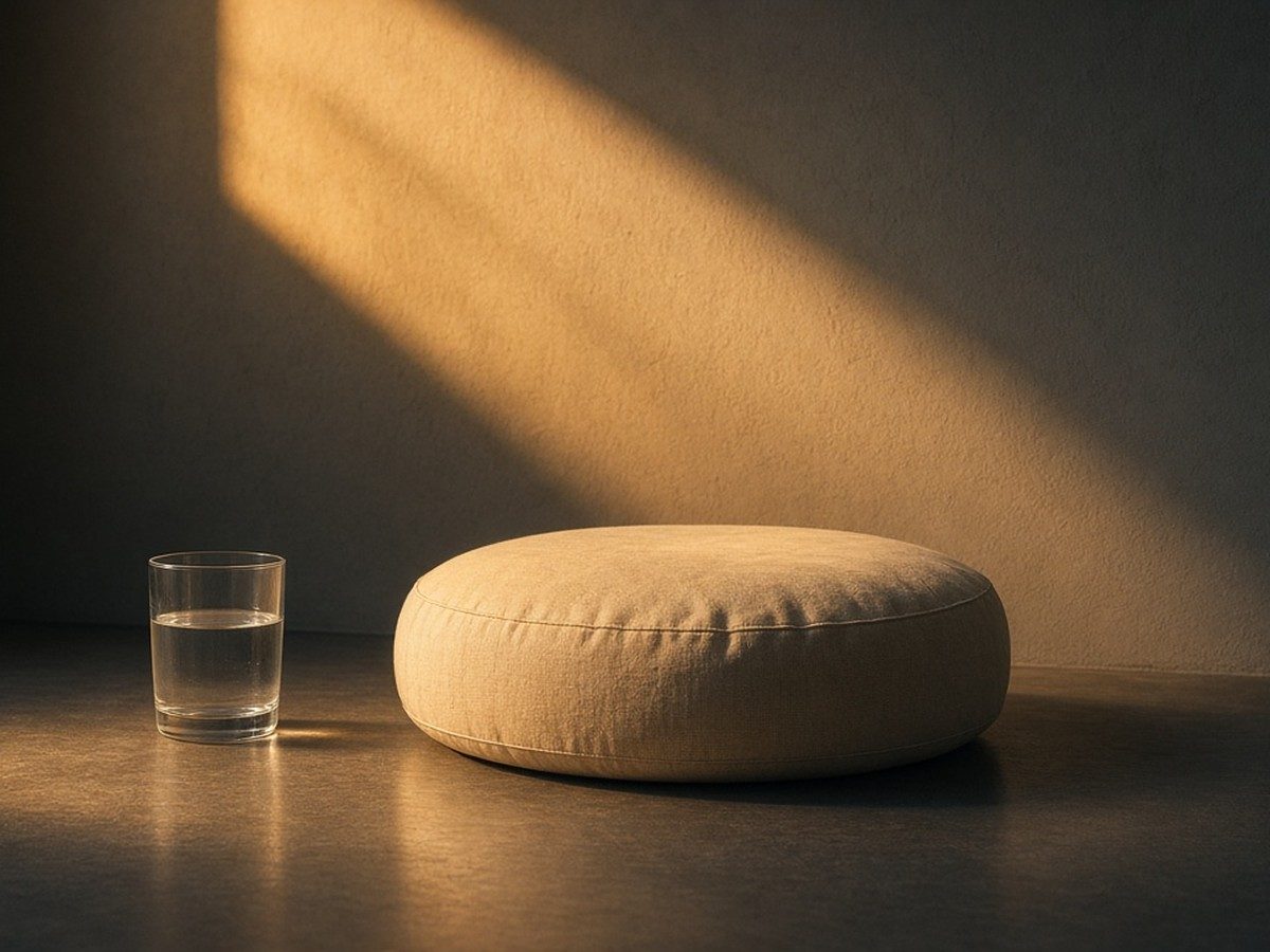 Morning light on an empty cushion beside a window, a cup of water on the sill.