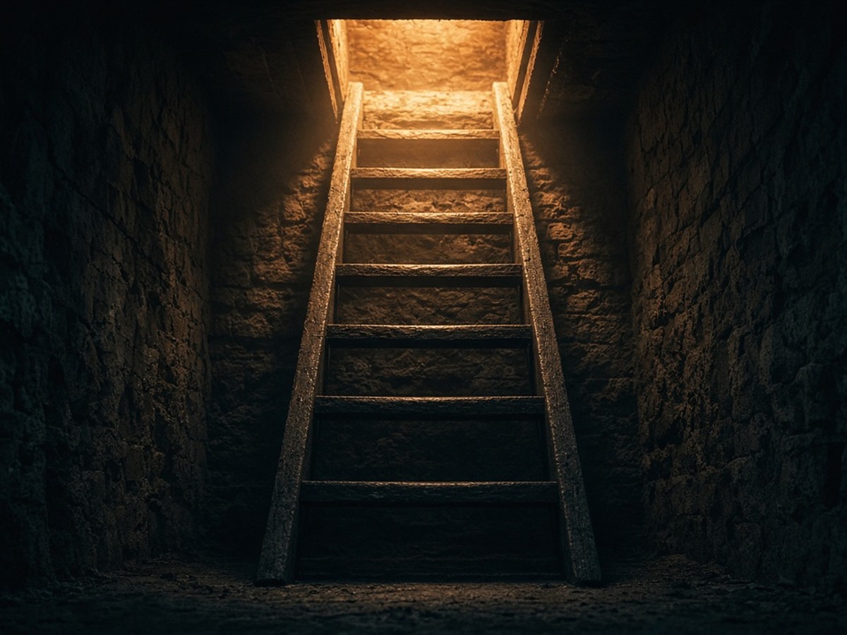 A wooden ladder leaning out of a shadowy opening into warm daylight, teal shadows below, gold light above