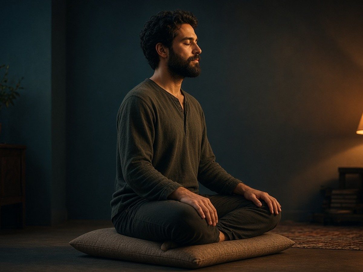 A man sitting cross-legged on a cushion in a quiet room, eyes closed, soft morning light