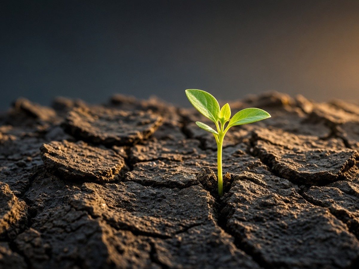 A single seed sprouting in cracked earth, morning light, a few small green leaves.
