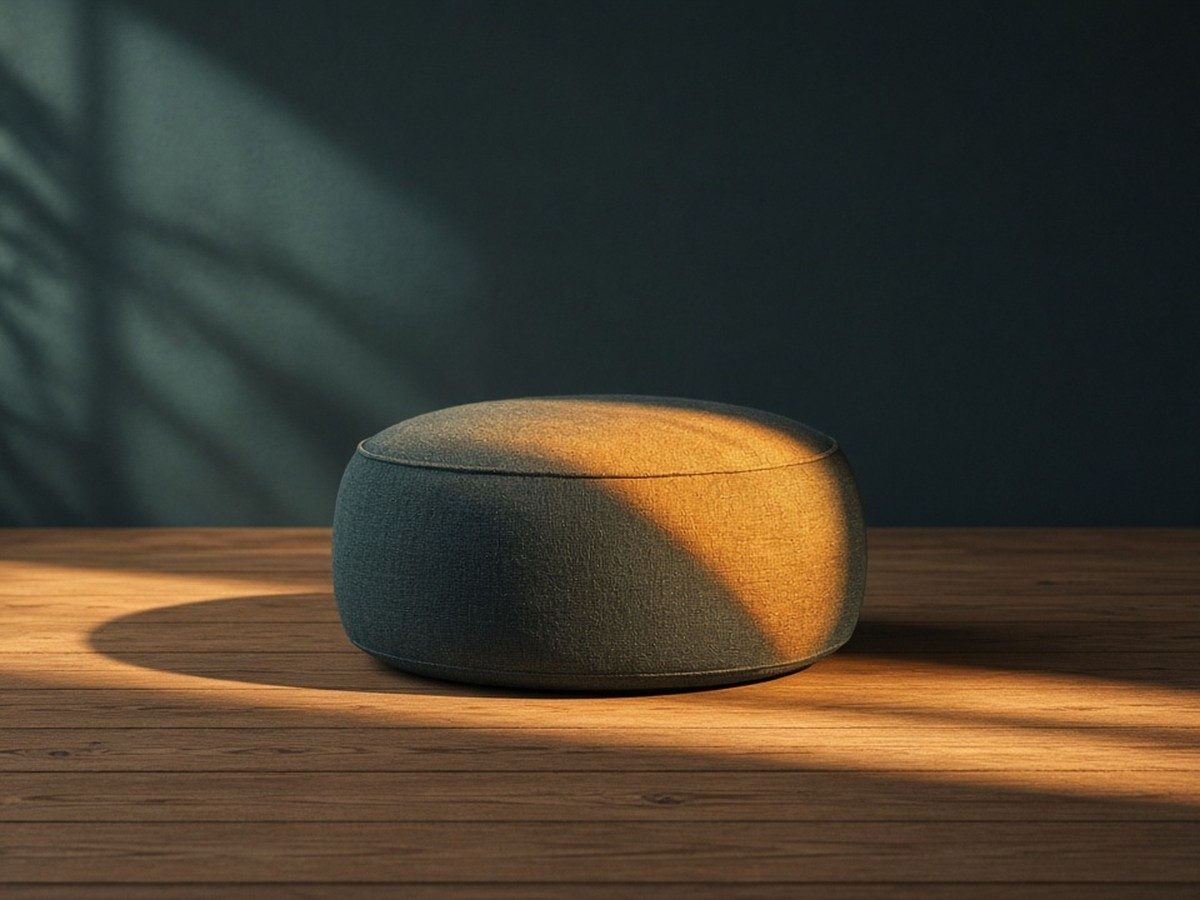 A meditation cushion on a wooden floor beside a window, early morning light.