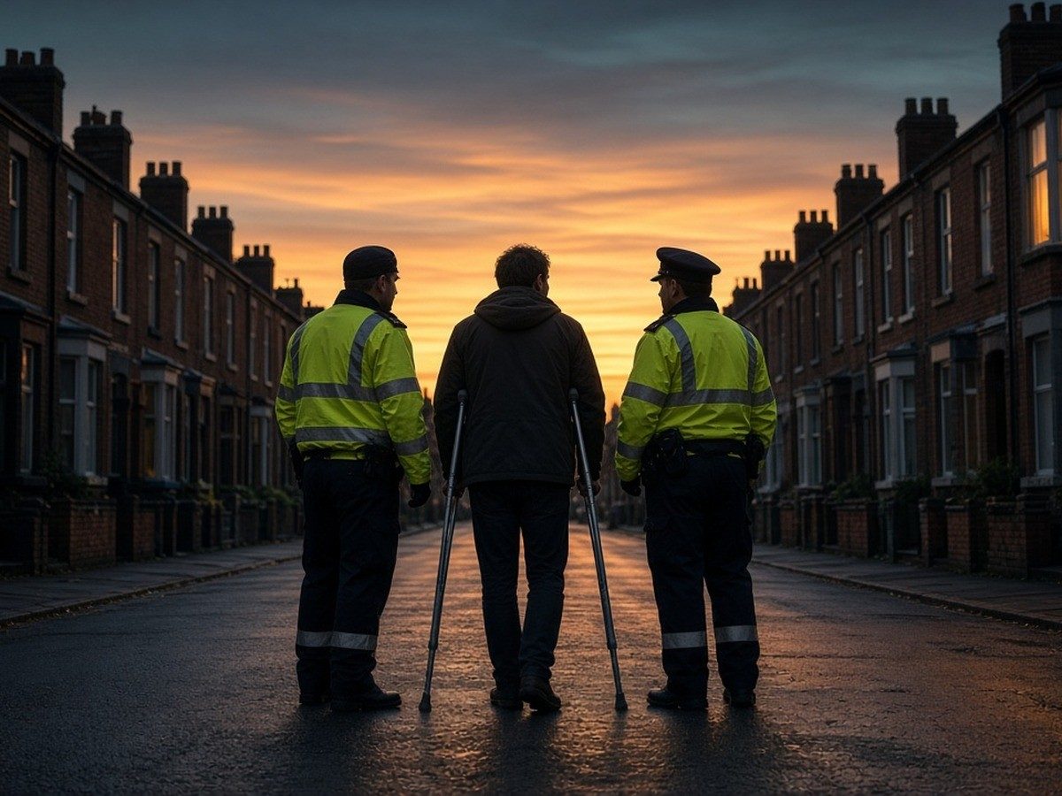 A man on crutches chatting with two police officers on a terraced street at dusk, seen from behind.