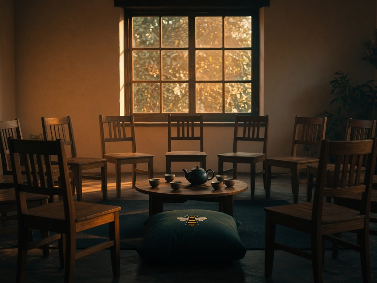 A warm, simple meeting room with mismatched chairs in a circle, a teapot on a table, golden window light and teal shadows, bees as a small motif on a wall